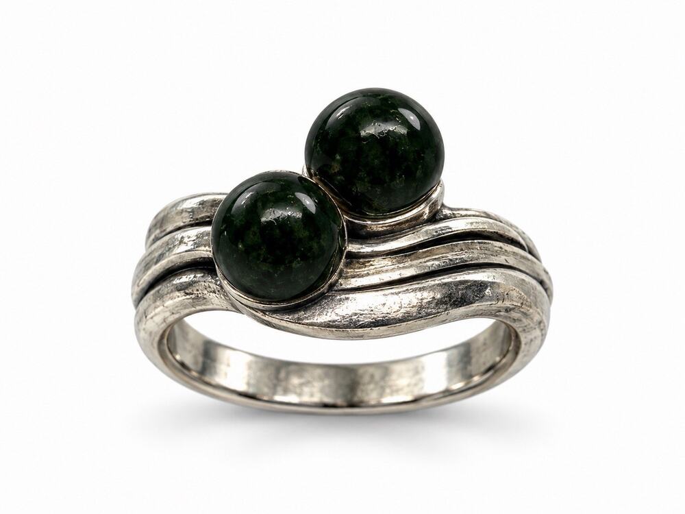Vintage 925 Sterling Silver Double Green Jade Ring Size 6